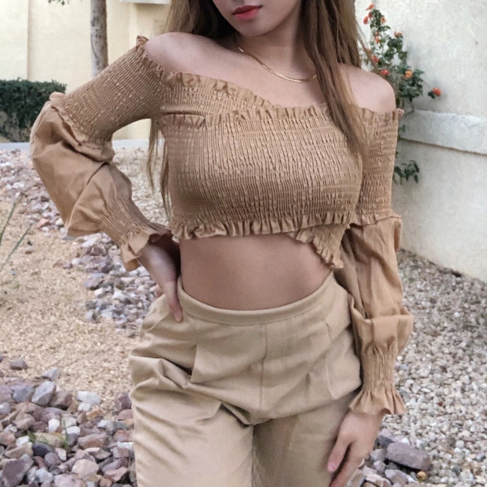 Tan Long Sleeve Crop Top